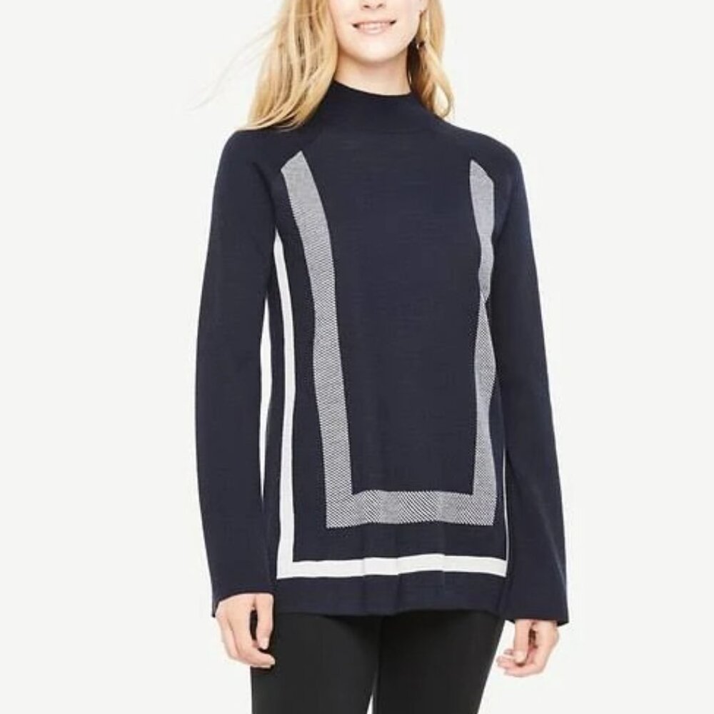 Ann Taylor Geo Extrafine Merino Wool Mock Neck Sweater, Size M